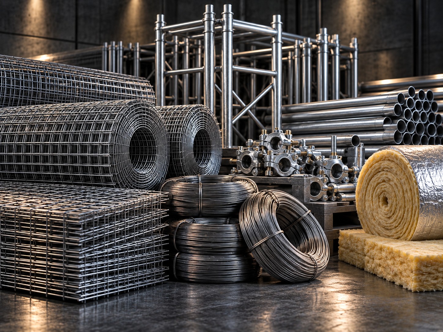 Supporting products including wire mesh, tie wire, scaffolding and insulation rolls
